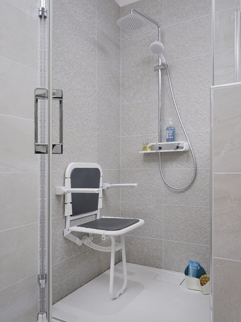 Comfortique wall mounted foldaway shower chair with back and arm rests