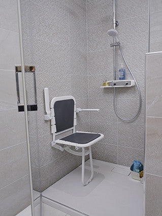 Comfortique wall mounted foldaway shower chair with back and arm rests
