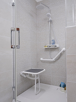 Comfortique wall mounted foldaway shower chair with back and arm rests