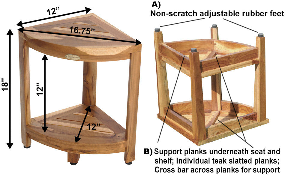 EcoDecors® SnazzyCorner® 18" Teak Wood Corner Footstool with Shelf in EarthyTeak Finish