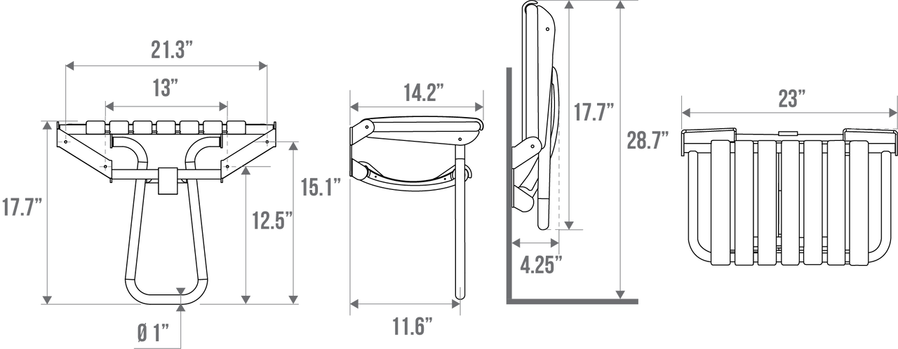 23" Eleganto Lunar Gray Foldaway Wall Mount handicap Shower Seat with Integrated Support Stand