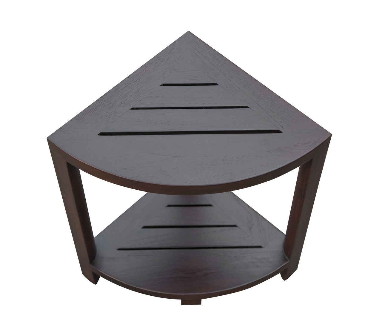 DecoTeak® SnazzyCorner® Fully Assembled 18"H Teak Wood Corner Shower Bench with Shelf in Woodland Brown Finish