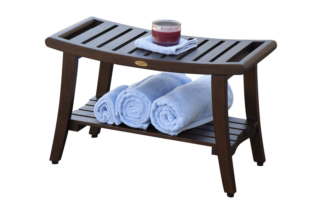 DecoTeak® Harmony® 30" Teak Wood Shower Bench with Shelf and LiftAide® Arms in Woodland Brown Finish