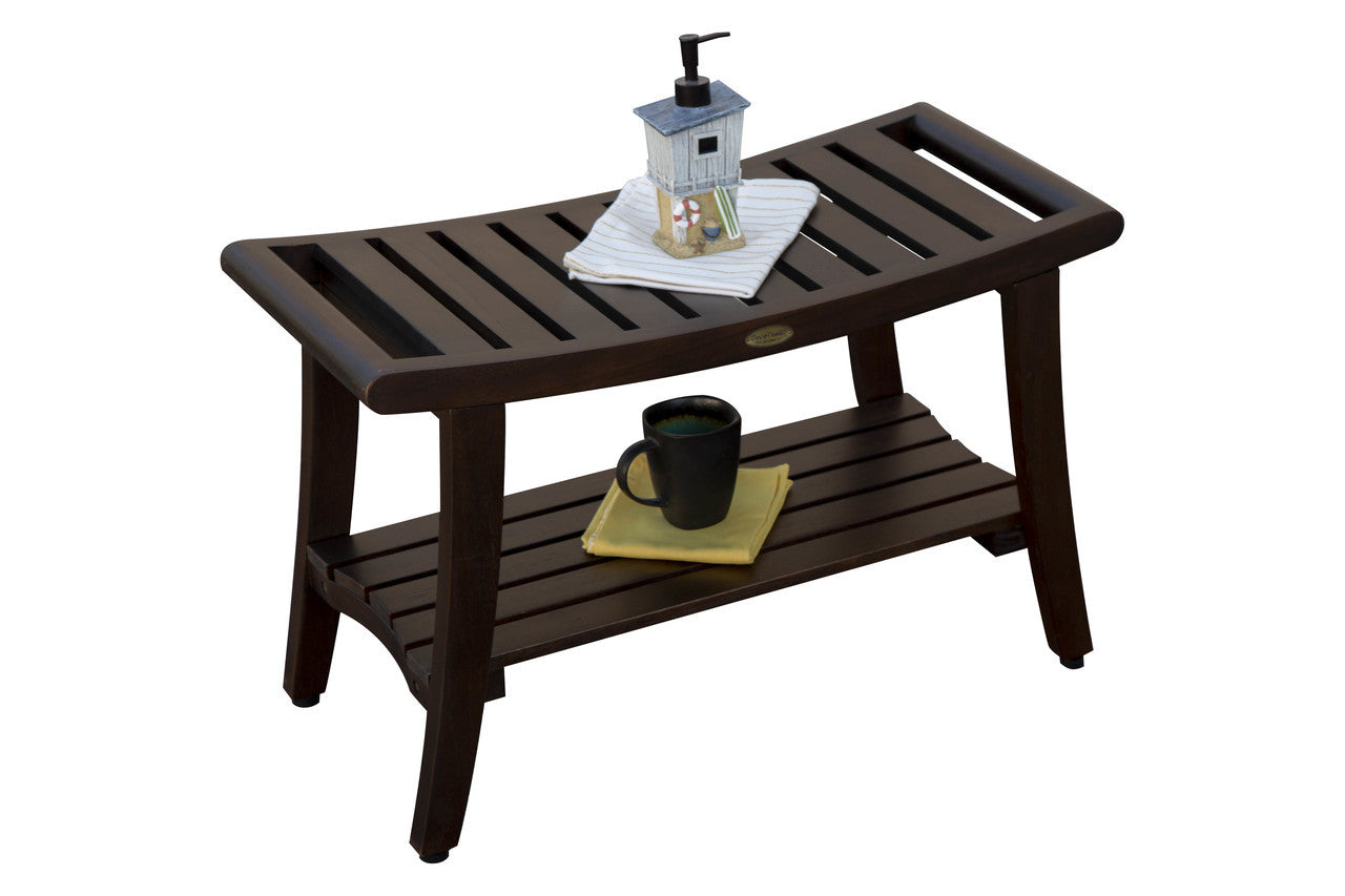 DecoTeak® Harmony® 30" Teak Wood Shower Bench with Shelf and LiftAide® Arms in Woodland Brown Finish