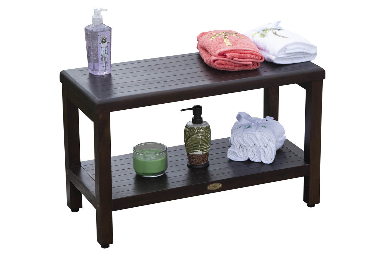 DecoTeak® Eleganto® 30" Teak Wood Shower Bench with Shelf in Woodland Brown Finish