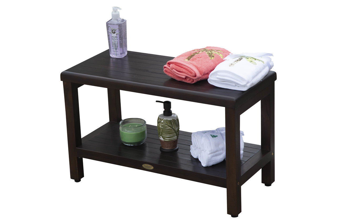 DecoTeak® Eleganto® 30" Teak Wood Shower Bench with Shelf in Woodland Brown Finish