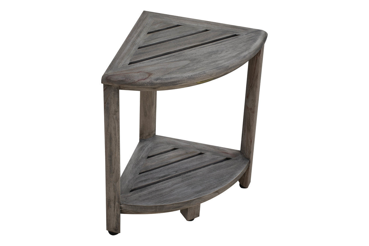 CoastalVogue® SnazzyCorner® 18"H Teak Wood Corner Shower Bench with Shelf in Antique Gray Finish