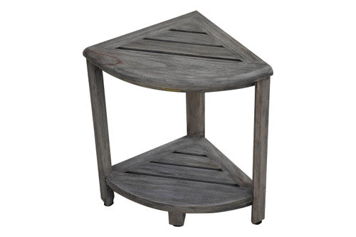 CoastalVogue® SnazzyCorner® 18"H Teak Wood Corner Shower Bench with Shelf in Antique Gray Finish