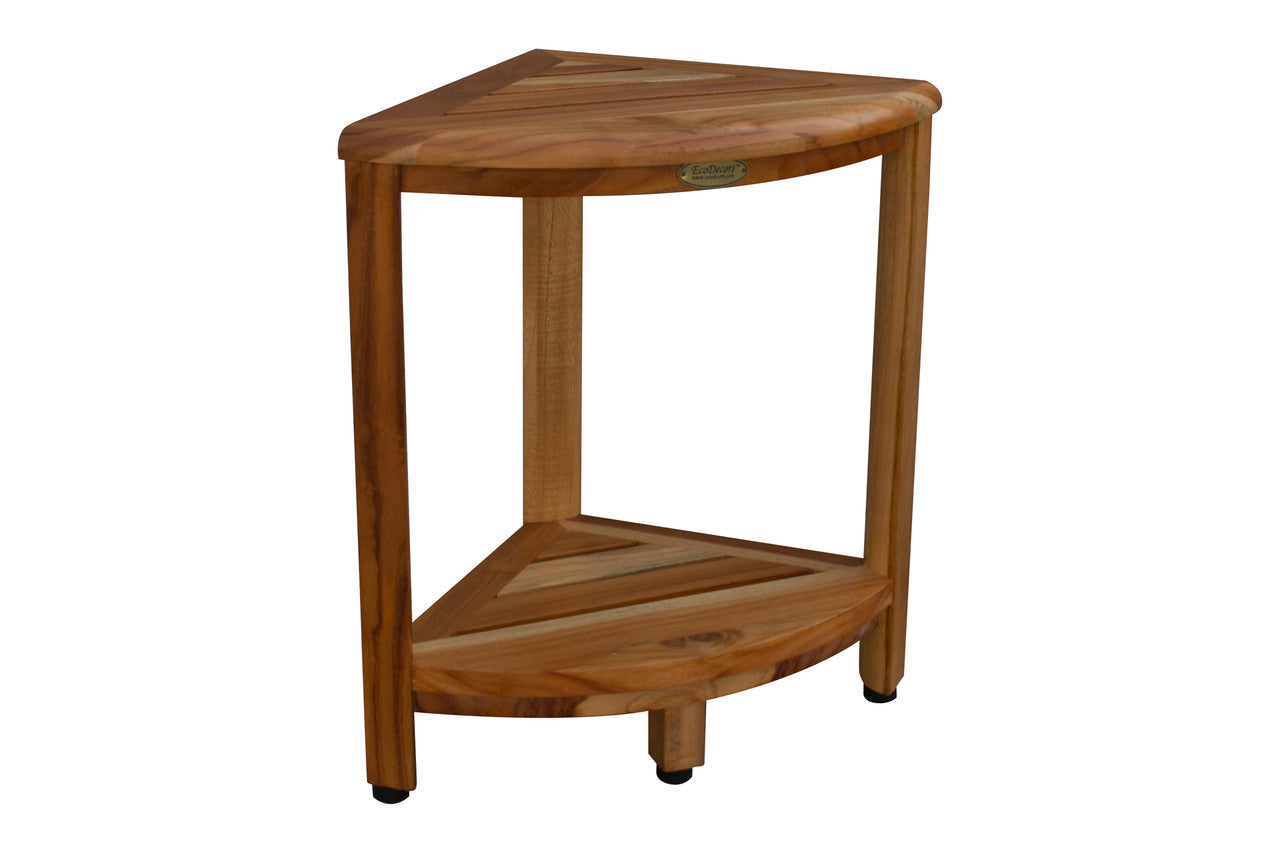 EcoDecors® SnazzyCorner® 18" Teak Wood Corner Shower Bench with Shelf in EarthyTeak Finish With 32 oz. Loveable Teak Cleaner