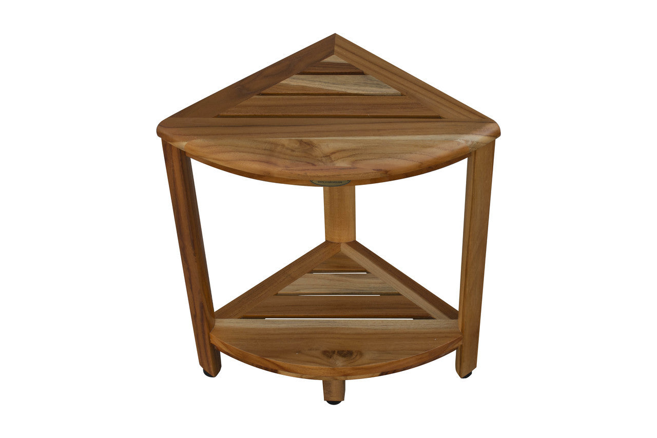 EcoDecors® SnazzyCorner® 18" Teak Wood Corner Footstool with Shelf in EarthyTeak Finish