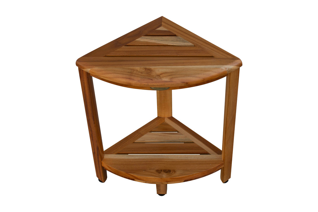 EcoDecors® SnazzyCorner® 18" Teak Wood Corner Shower Bench with Shelf in EarthyTeak Finish With 32 oz. Loveable Teak Cleaner