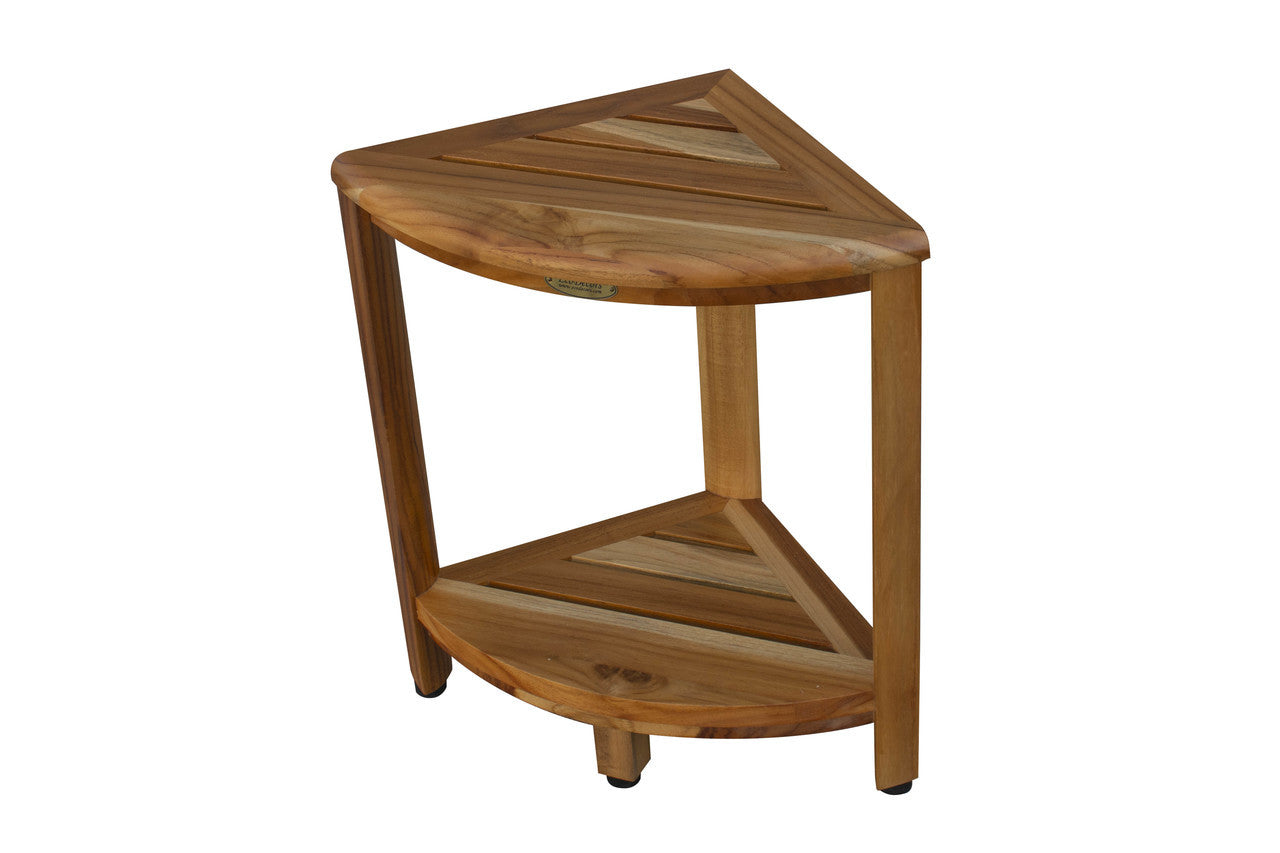 EcoDecors® SnazzyCorner® 18" Teak Wood Corner Footstool with Shelf in EarthyTeak Finish