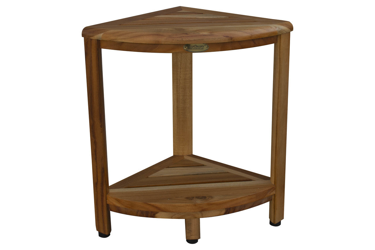 EcoDecors® SnazzyCorner® 18" Teak Wood Corner Footstool with Shelf in EarthyTeak Finish