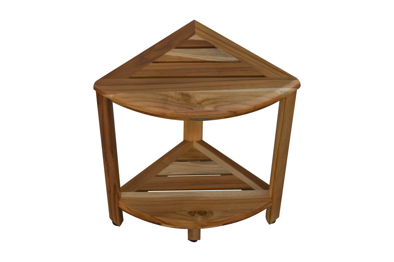 EcoDecors® SnazzyCorner® 18" Teak Wood Corner Footstool with Shelf in EarthyTeak Finish