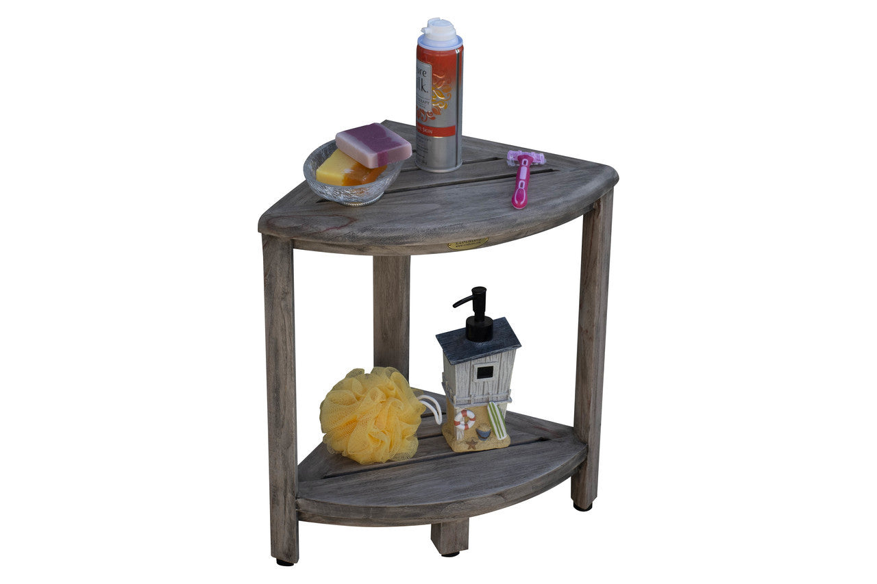 CoastalVogue® SnazzyCorner® 18"H Teak Wood Corner Shower Bench with Shelf in Antique Gray Finish