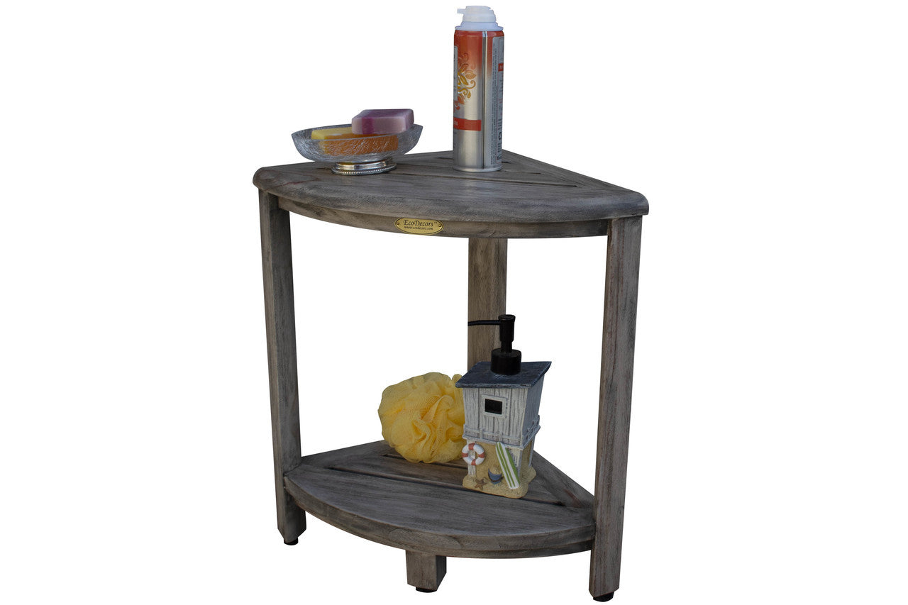 CoastalVogue® SnazzyCorner® 18"H Teak Wood Corner Shower Bench with Shelf in Antique Gray Finish