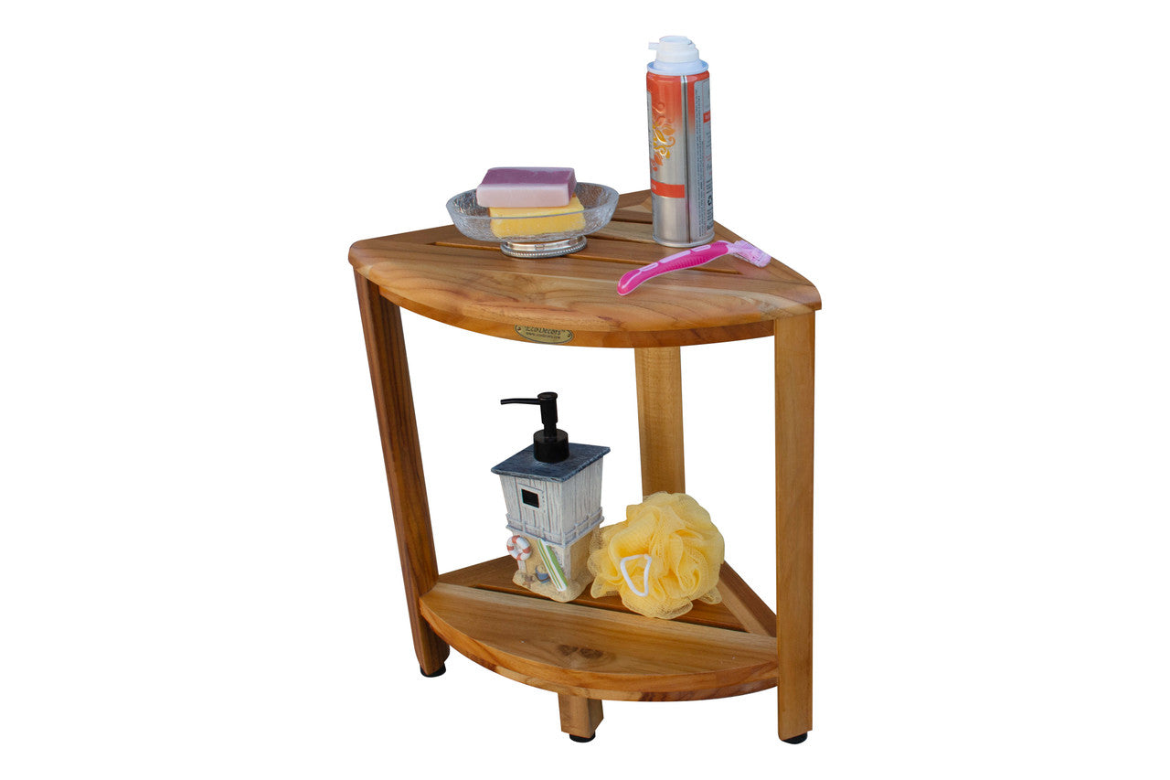 EcoDecors® SnazzyCorner® 18" Teak Wood Corner Shower Bench with Shelf in EarthyTeak Finish With 32 oz. Loveable Teak Cleaner