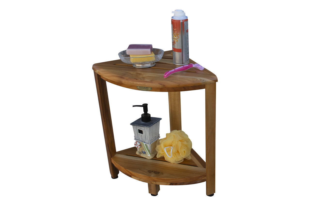 EcoDecors® SnazzyCorner® 18" Teak Wood Corner Footstool with Shelf in EarthyTeak Finish