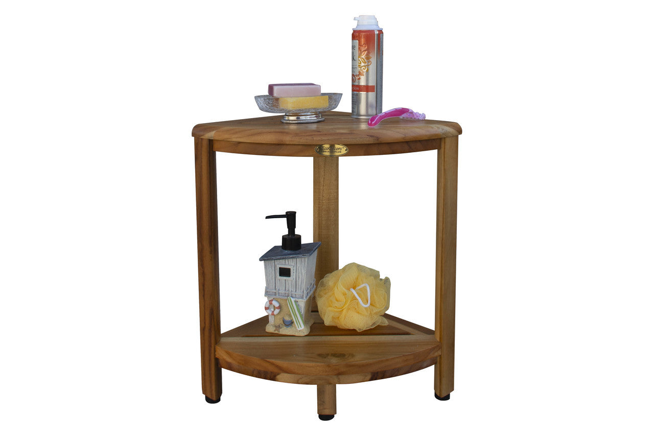 EcoDecors® SnazzyCorner® 18" Teak Wood Corner Footstool with Shelf in EarthyTeak Finish