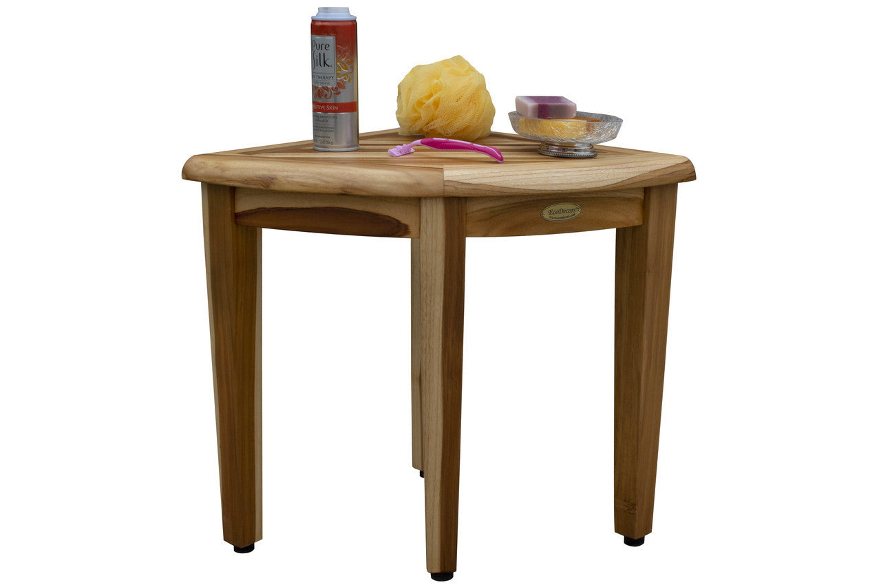 EcoDecors® SnazzyCorner® 18"H Teak Wood Corner Shower Bench in EarthyTeak Finish