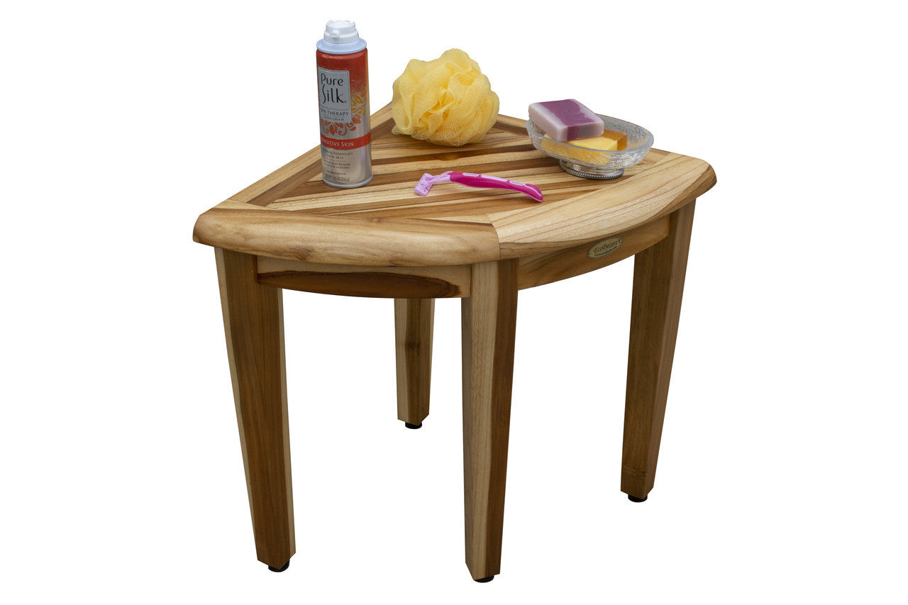 EcoDecors® SnazzyCorner® 18"H Teak Wood Corner Shower Bench in EarthyTeak Finish