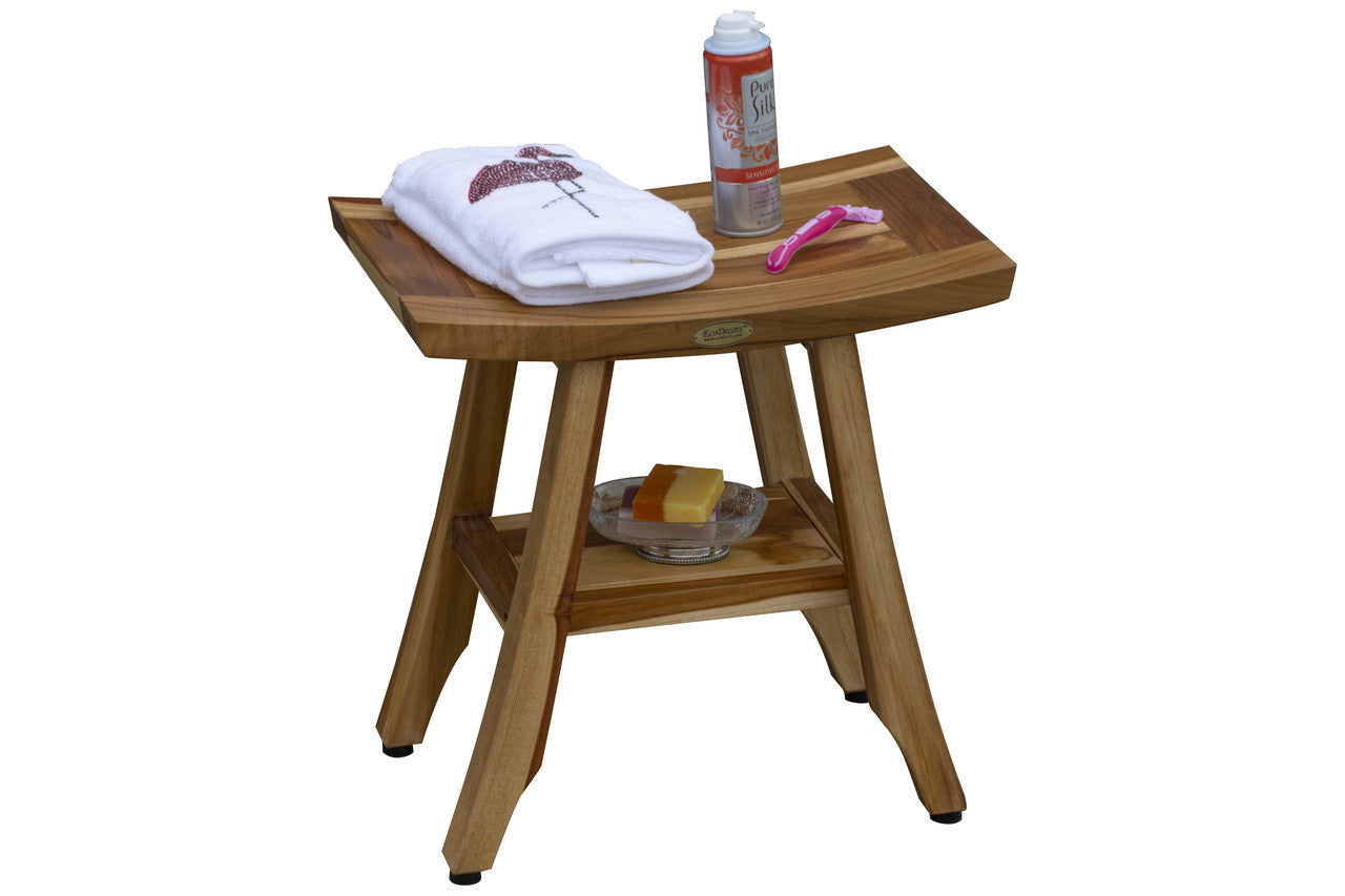 EcoDecors® Satori® 18" Teak Wood Shower Bench with Shelf in EarthyTeak Finish
