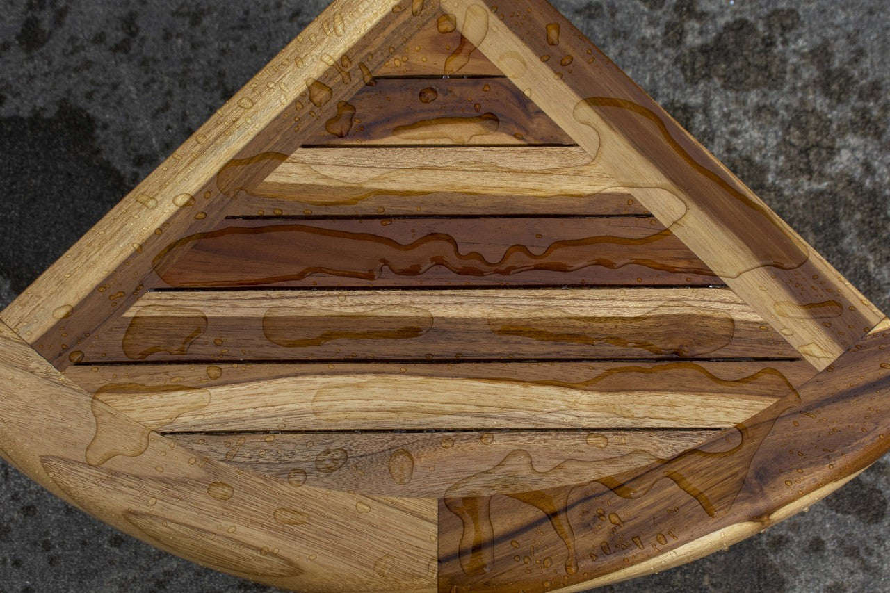 EcoDecors® SnazzyCorner® 18"H Teak Wood Corner Shower Bench with Shelf in EarthyTeak Finish