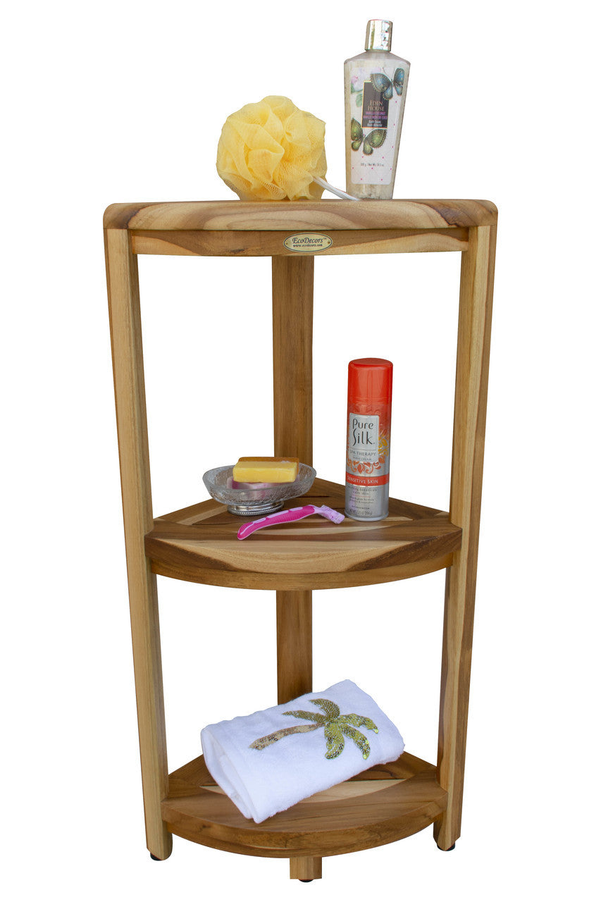 EcoDecors® SnazzyCorner® 32" Teak Wood 3-Tier Corner Shelf in EarthyTeak Finish
