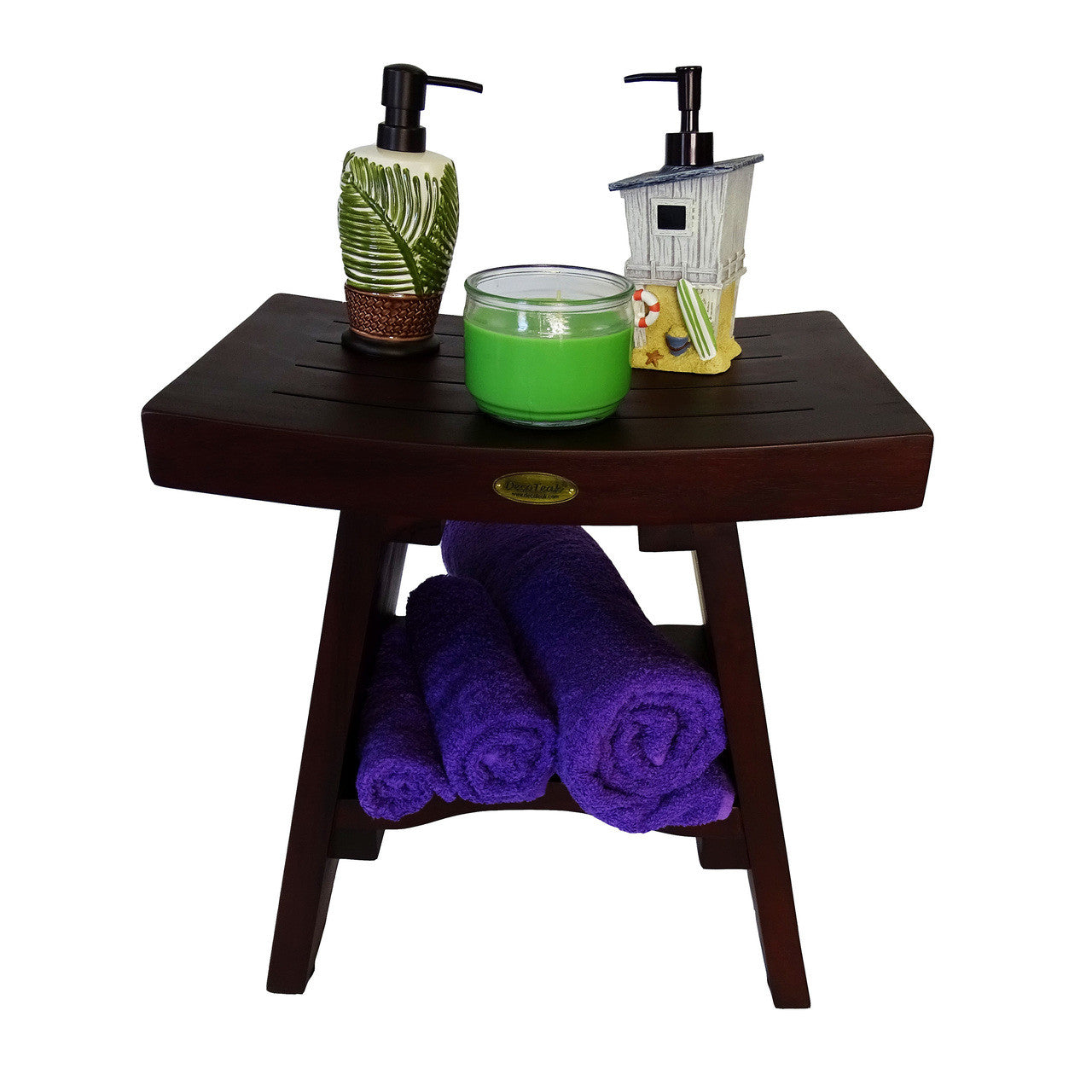 DecoTeak® Serenity® 18" Teak Wood Shower Bench with Shelf in Woodland Brown Finish