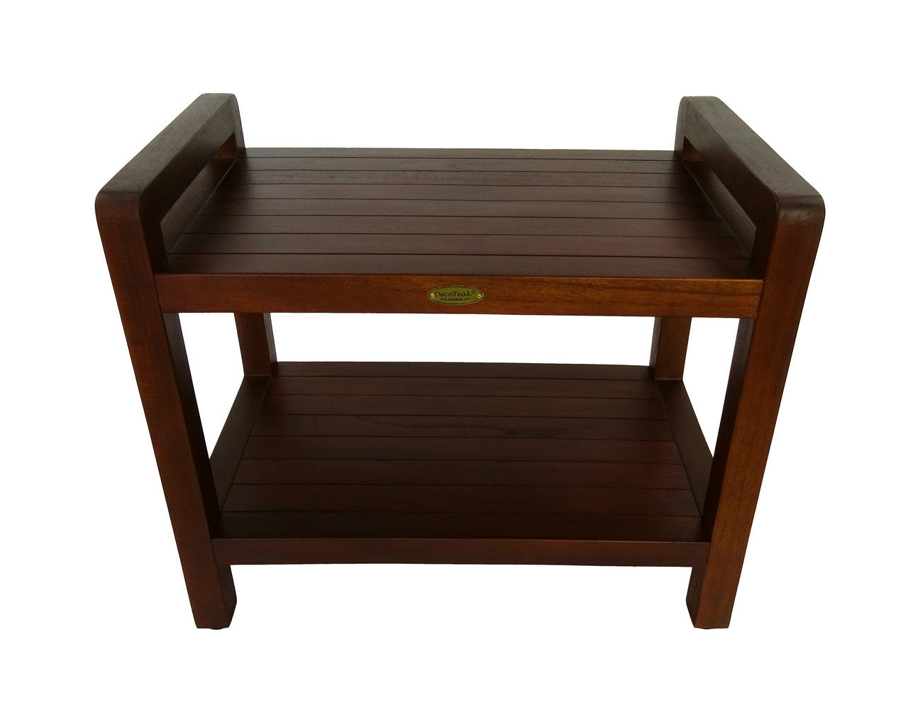 DecoTeak® Eleganto® 24" Teak Wood Shower Bench with LiftAide Arms and Shelf in Woodland Brown Finish
