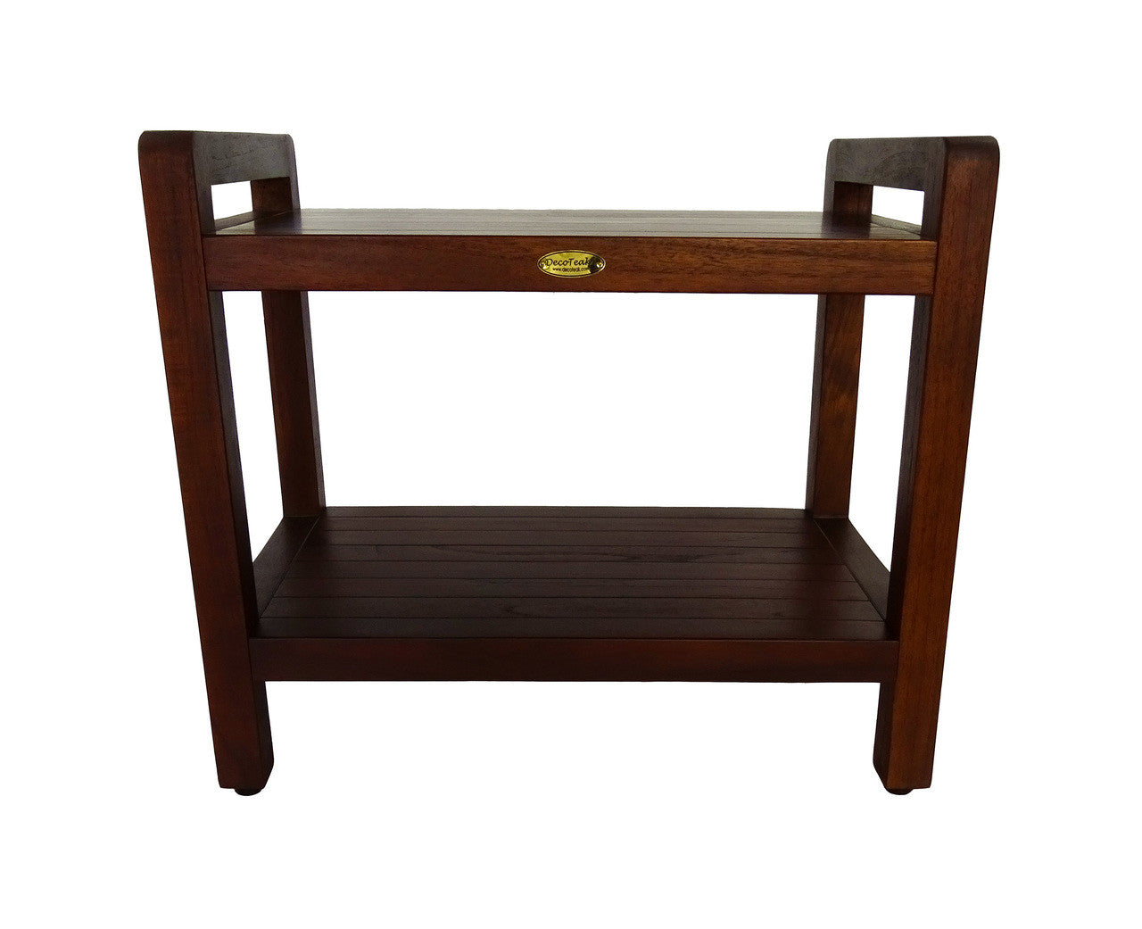DecoTeak® Eleganto® 24" Teak Wood Shower Bench with LiftAide Arms and Shelf in Woodland Brown Finish