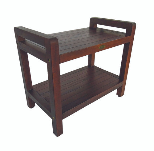 DecoTeak® Eleganto® 24" Teak Wood Shower Bench with LiftAide Arms and Shelf in Woodland Brown Finish