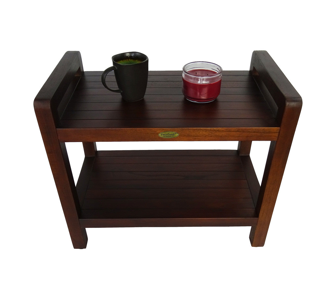 DecoTeak® Eleganto® 24" Teak Wood Shower Bench with LiftAide Arms and Shelf in Woodland Brown Finish