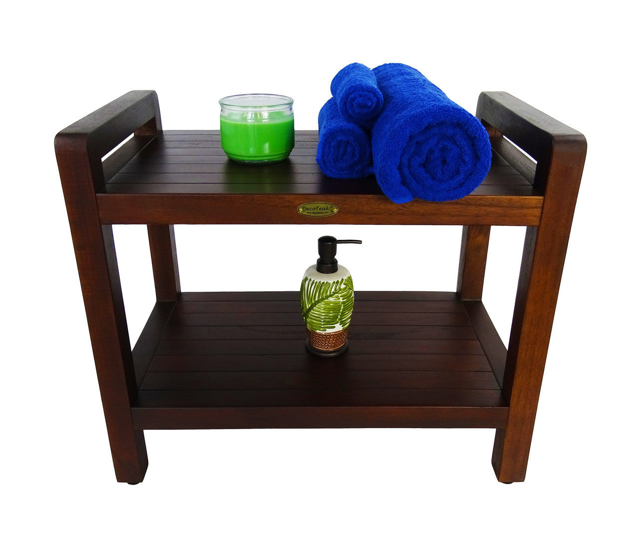 DecoTeak® Eleganto® 24" Teak Wood Shower Bench with LiftAide Arms and Shelf in Woodland Brown Finish
