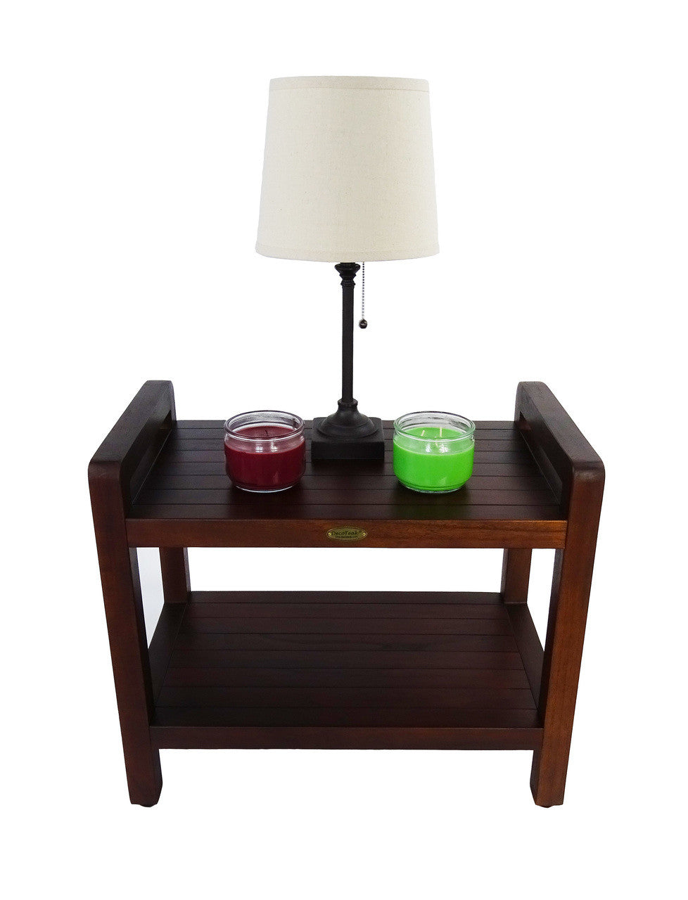 DecoTeak® Eleganto® 24" Teak Wood Shower Bench with LiftAide Arms and Shelf in Woodland Brown Finish