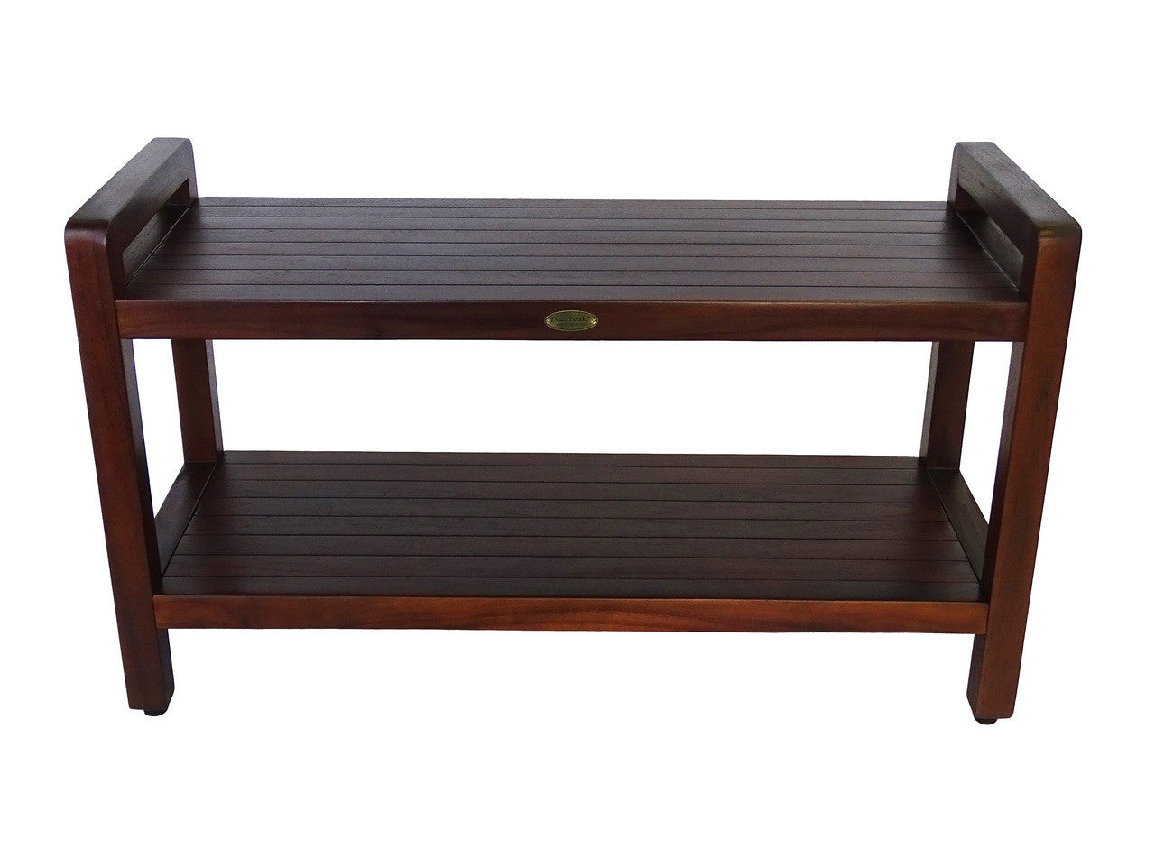 DecoTeak Eleganto 35"L Teak Wood Shower Bench with LiftAide Arms and Shelf in Woodland Brown Finish