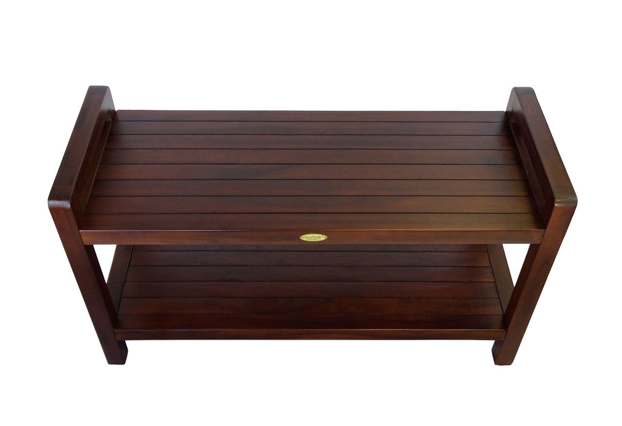 DecoTeak Eleganto 35"L Teak Wood Shower Bench with LiftAide Arms and Shelf in Woodland Brown Finish
