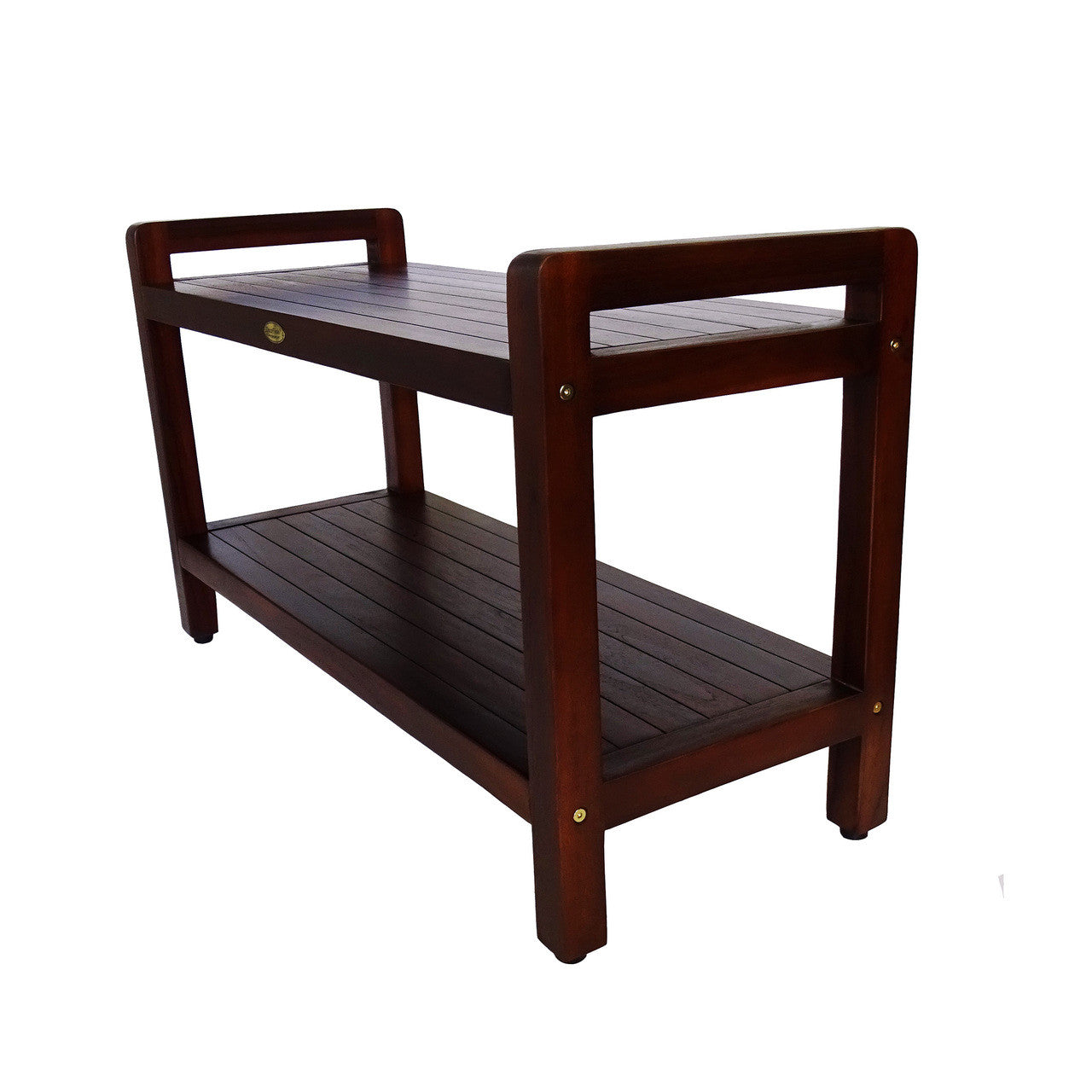 DecoTeak Eleganto 35"L Teak Wood Shower Bench with LiftAide Arms and Shelf in Woodland Brown Finish