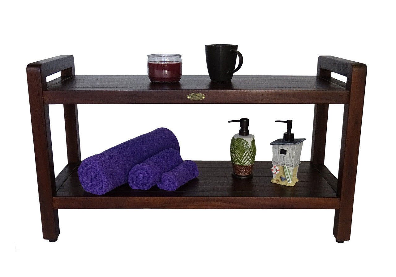 DecoTeak Eleganto 35"L Teak Wood Shower Bench with LiftAide Arms and Shelf in Woodland Brown Finish