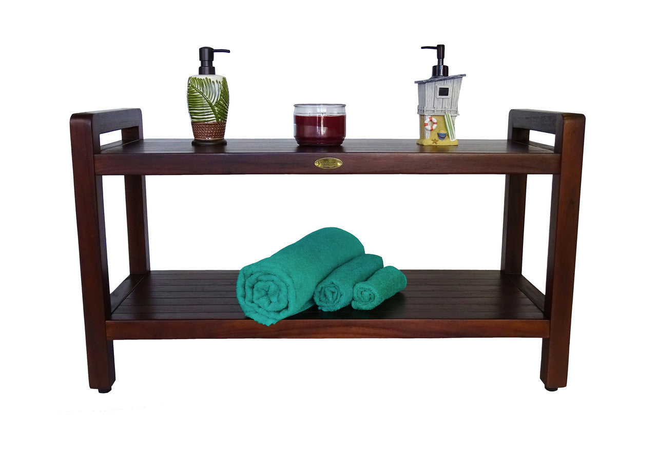 DecoTeak Eleganto 35"L Teak Wood Shower Bench with LiftAide Arms and Shelf in Woodland Brown Finish