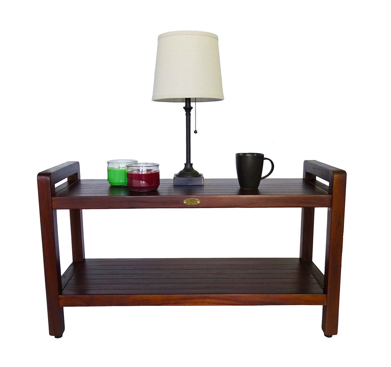 DecoTeak Eleganto 35"L Teak Wood Shower Bench with LiftAide Arms and Shelf in Woodland Brown Finish
