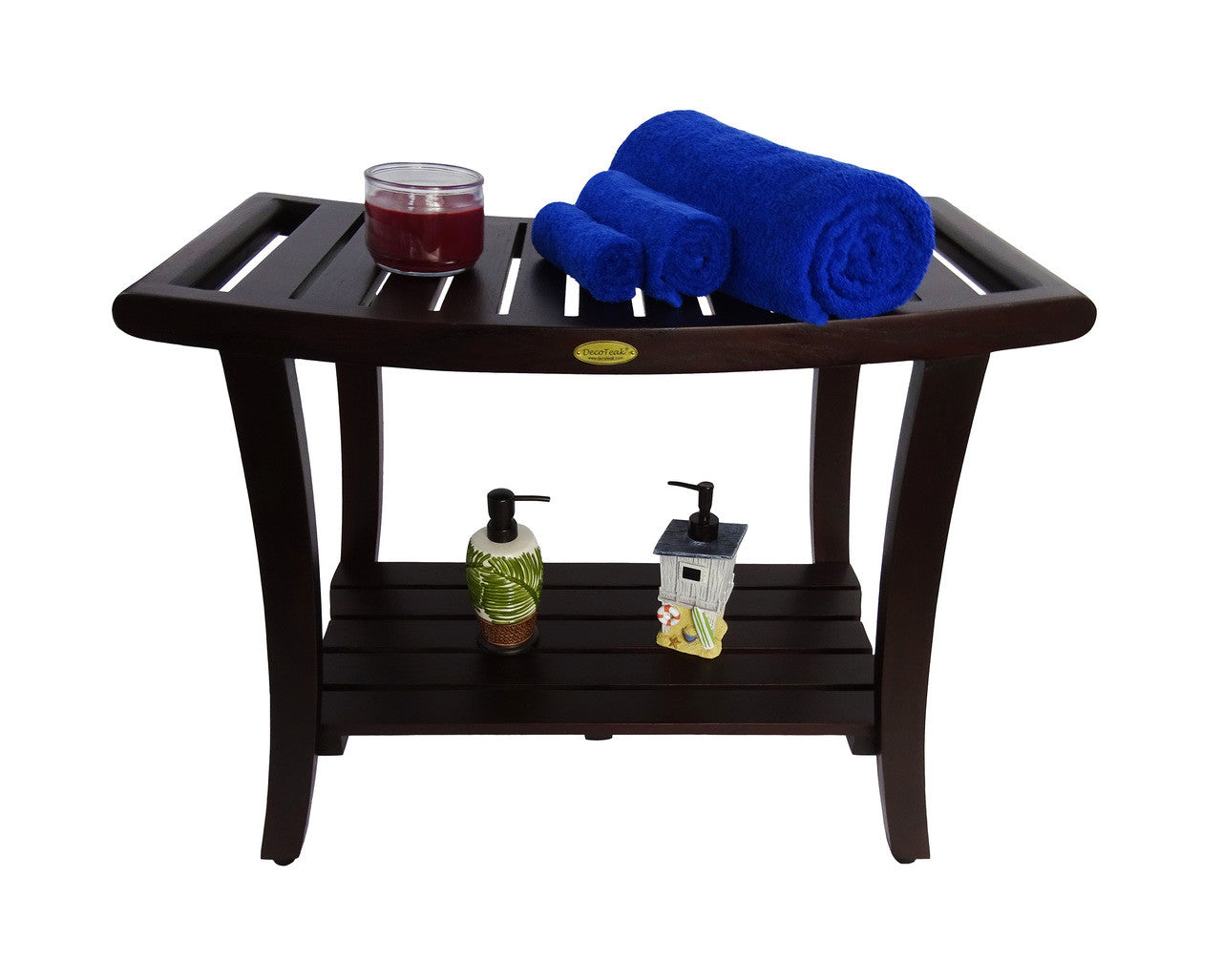 DecoTeak® Harmony® 30"L Teak Wood Bench with Shelf and LiftAide Arms in Woodland Brown Finish - Extended Height
