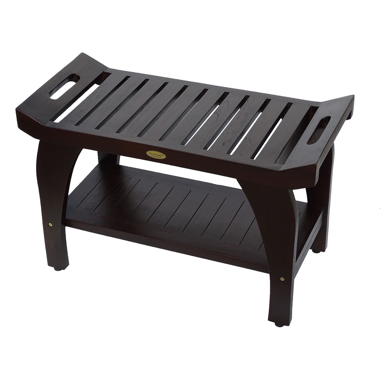 DecoTeak® Tranquility® 30" Teak Wood Shower Bench with Shelf and LiftAide® Arms in Woodland Brown Finish