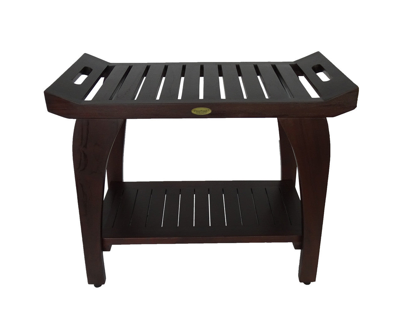 DecoTeak® Tranquility® 30"L Teak Wood Shower Bench with Shelf and LiftAide® Arms in Woodland Brown Finish - Extended Height