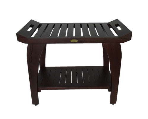 DecoTeak® Tranquility® 30"L Teak Wood Shower Bench with Shelf and LiftAide® Arms in Woodland Brown Finish - Extended Height