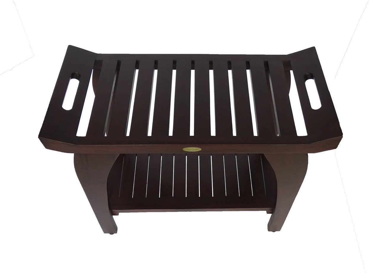 DecoTeak® Tranquility® 30"L Teak Wood Shower Bench with Shelf and LiftAide® Arms in Woodland Brown Finish - Extended Height