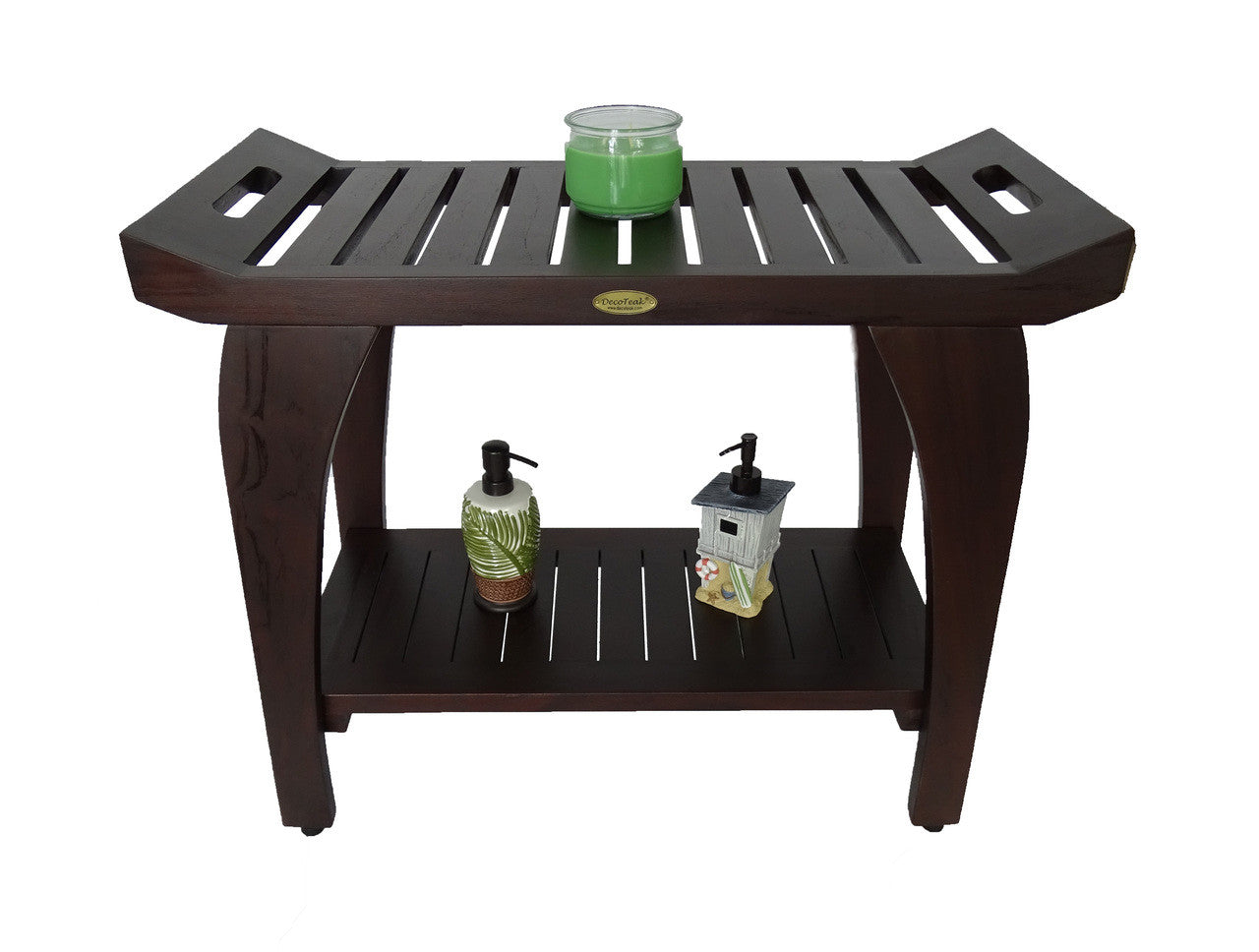 DecoTeak® Tranquility® 30"L Teak Wood Shower Bench with Shelf and LiftAide® Arms in Woodland Brown Finish - Extended Height