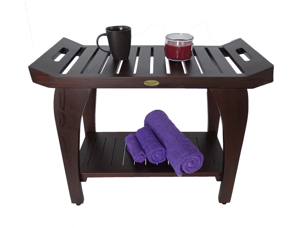 DecoTeak® Tranquility® 30"L Teak Wood Shower Bench with Shelf and LiftAide® Arms in Woodland Brown Finish - Extended Height