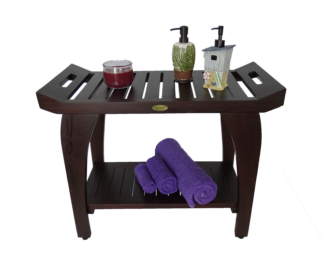 DecoTeak® Tranquility® 30"L Teak Wood Shower Bench with Shelf and LiftAide® Arms in Woodland Brown Finish - Extended Height
