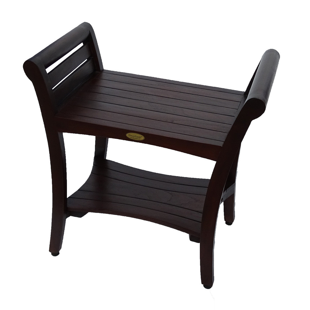 DecoTeak® Symmetry® 24" Teak Wood Shower Bench with Shelf and LiftAide Arms in Woodland Brown Finish